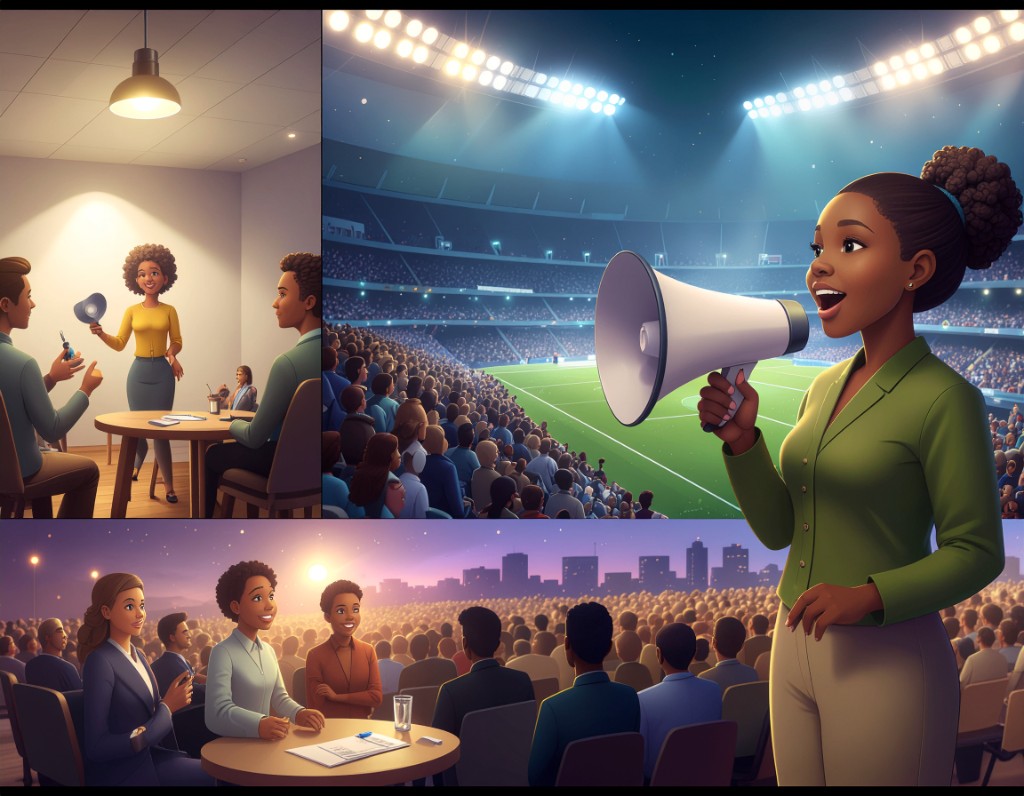 Communication at different scales: small group discussion, stadium address, and panel presentation